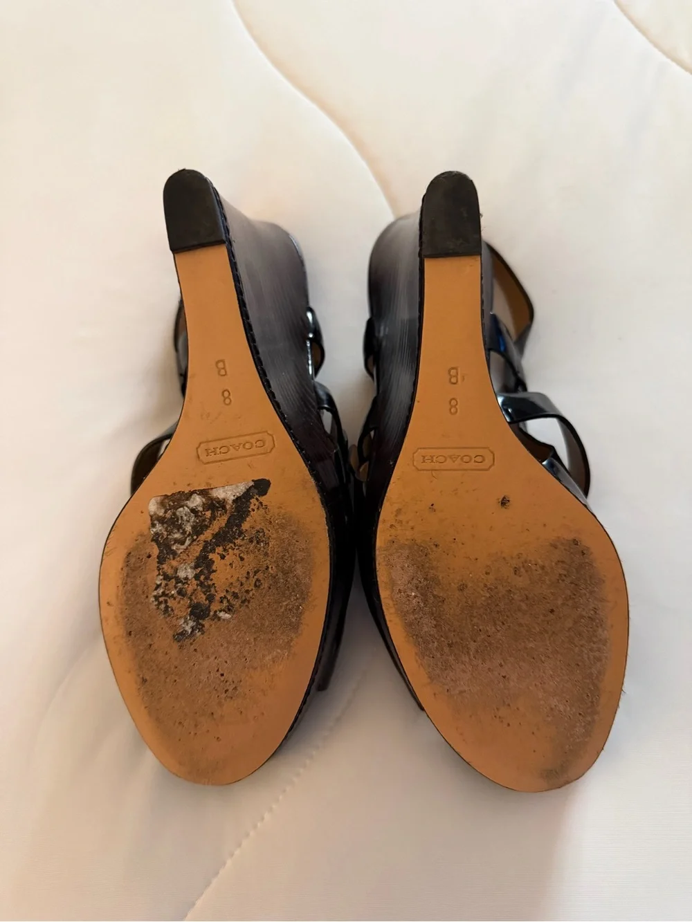 Coach Black Patent Leather Wedge Sandals with Silver Buckles